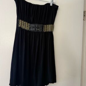 Black SKY Strapless Dress with Gold Chain Belt